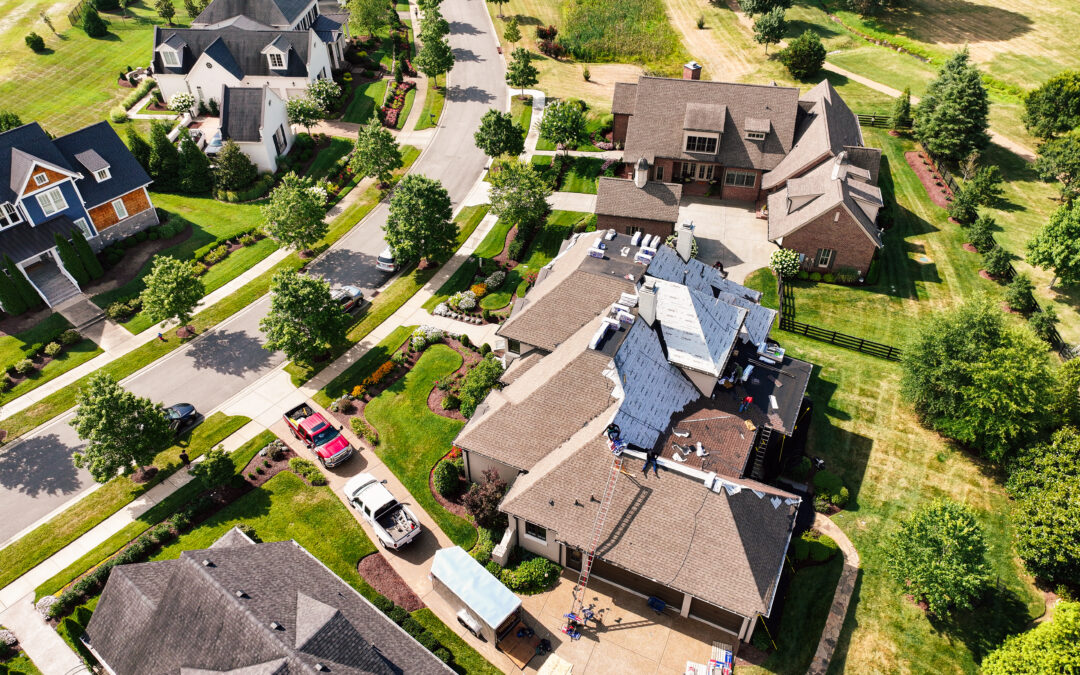 Ariel view of a home under roofing construction.